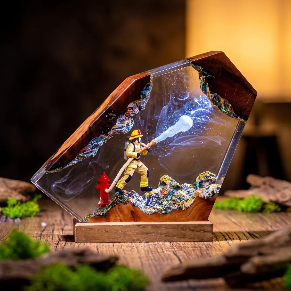 Fire Rescue Resin Lamp — Firefighter in Action Handmade Night Light