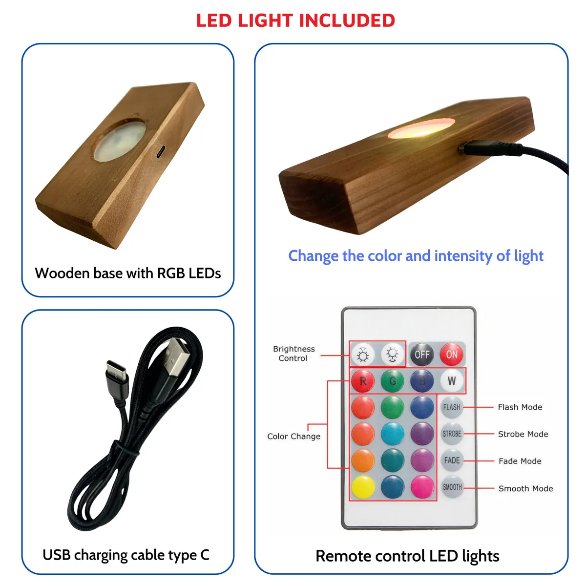 RGB LED Remote & USB-C Base for Resin Lamps — 16 Lighting Modes