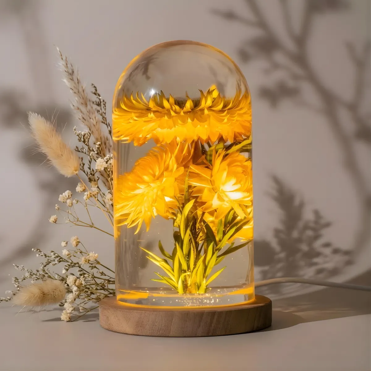 Immortal Flower Resin Dome Lamp — Engraved Romantic Anniversary Night Light