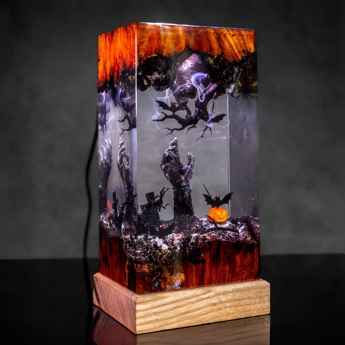 Jack Skellington Halloween Resin Lamp — Pumpkin, Bats and Spooky Hand Light