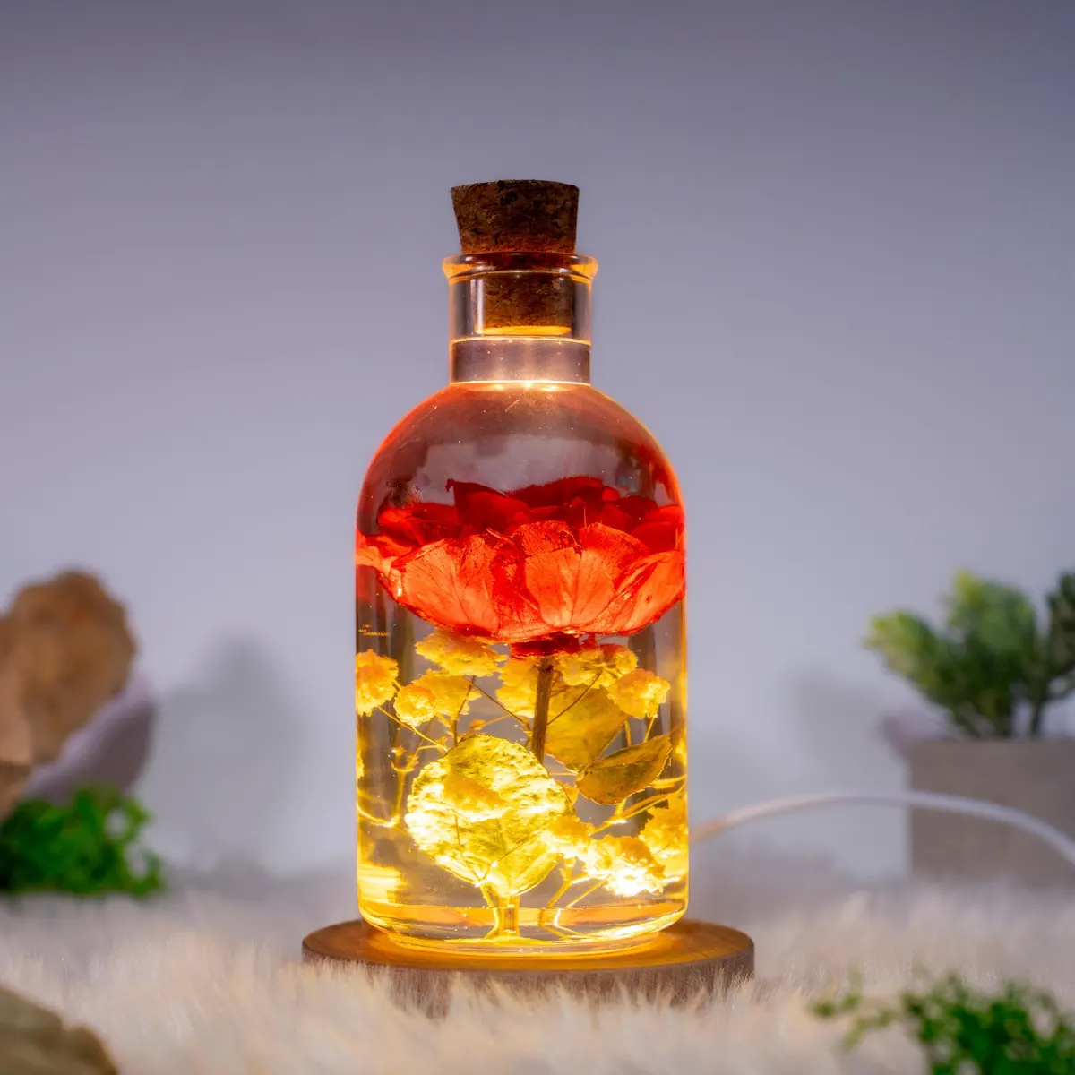 Real Rose Resin Lamp — Preserved Red and Blue Rose Anniversary Night Light