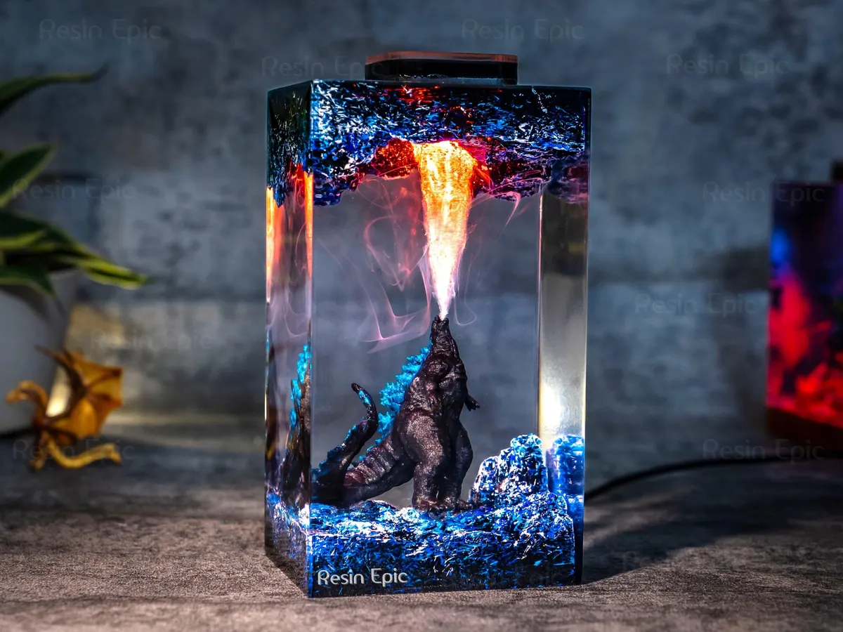 Godzilla Handmade Epoxy Lamp — Kaiju Diorama Resin Night Light